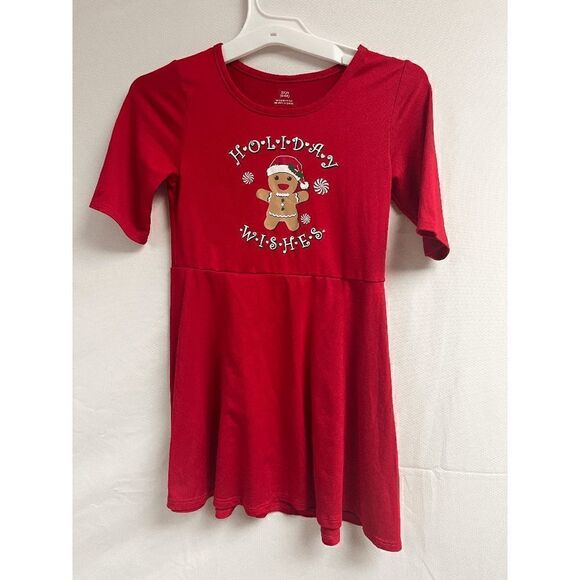 Girls Short Sleeve Crew neck Holiday Wishes A line Skater Dress Red Size S/6-6X - Picture 1 of 3
